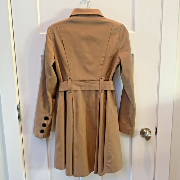Steve Madden Trench Coat Women Petite Small Beige Pleated Belt Waist Rain Jacket - Picture 4 of 11